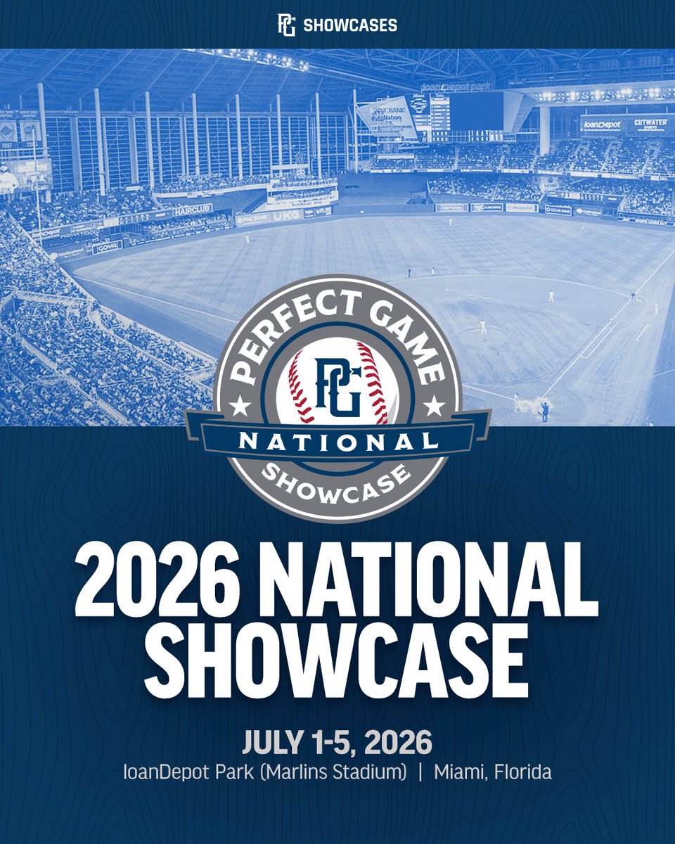 PerfectGameUSA's tweet photo. The National Showcase is heading to Miami‼️

Baseball’s top amateur talent will be on display from July 1-5 at loanDepot Park, home of the Miami Marlins.

Learn more: https://t.co/LS0AwQUb1T https://t.co/86bjd4hbVj