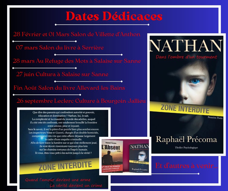 PrecomaRaphael's tweet photo. Hello la Team de Léo. Voici mon nouveau thriller. Un univers plus sombre que mon premier.
Je vous invite à aller le découvrir en images dans une courte bande-annonce sur ma chaîne YouTube : ecrivaindemoissieu840. Voici aussi les dates où vous pouvez venir à notre rencontre. https://t.co/7BRifuBdsG