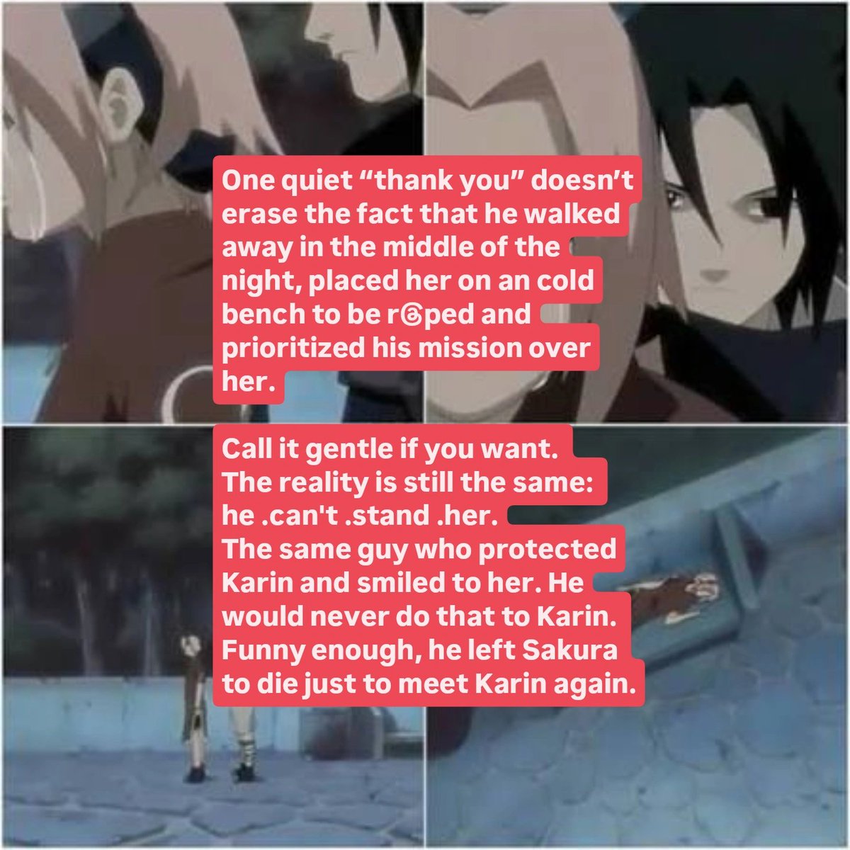 By_Aria_96's tweet photo. They say: "he put her gently on the bench.”
Gently? He knocked the shit out of her and left her unconscious in the middle of the night, to be raped, without a second thought.
That’s not romance. He never gave any fuck about her.
Imagine being this delulu #antisakura #sasusaku https://t.co/FD7aCv3d7J