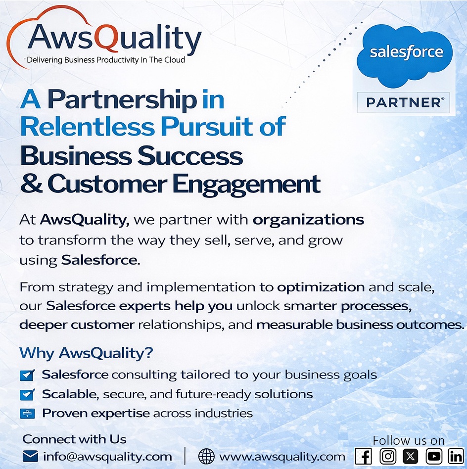 awsquality's tweet image. 🚀 Relentless Salesforce Success with AwsQuality

Contact us:
📧 info@awsquality.com | 🌐awsquality.com

#SalesforceConsulting #SalesforceCRM #CRMImplementation #USBusinesses #SmallBusinessUSA  #SalesforceSupport #DigitalTransformation #BusinessGrowth #AwsQuality
