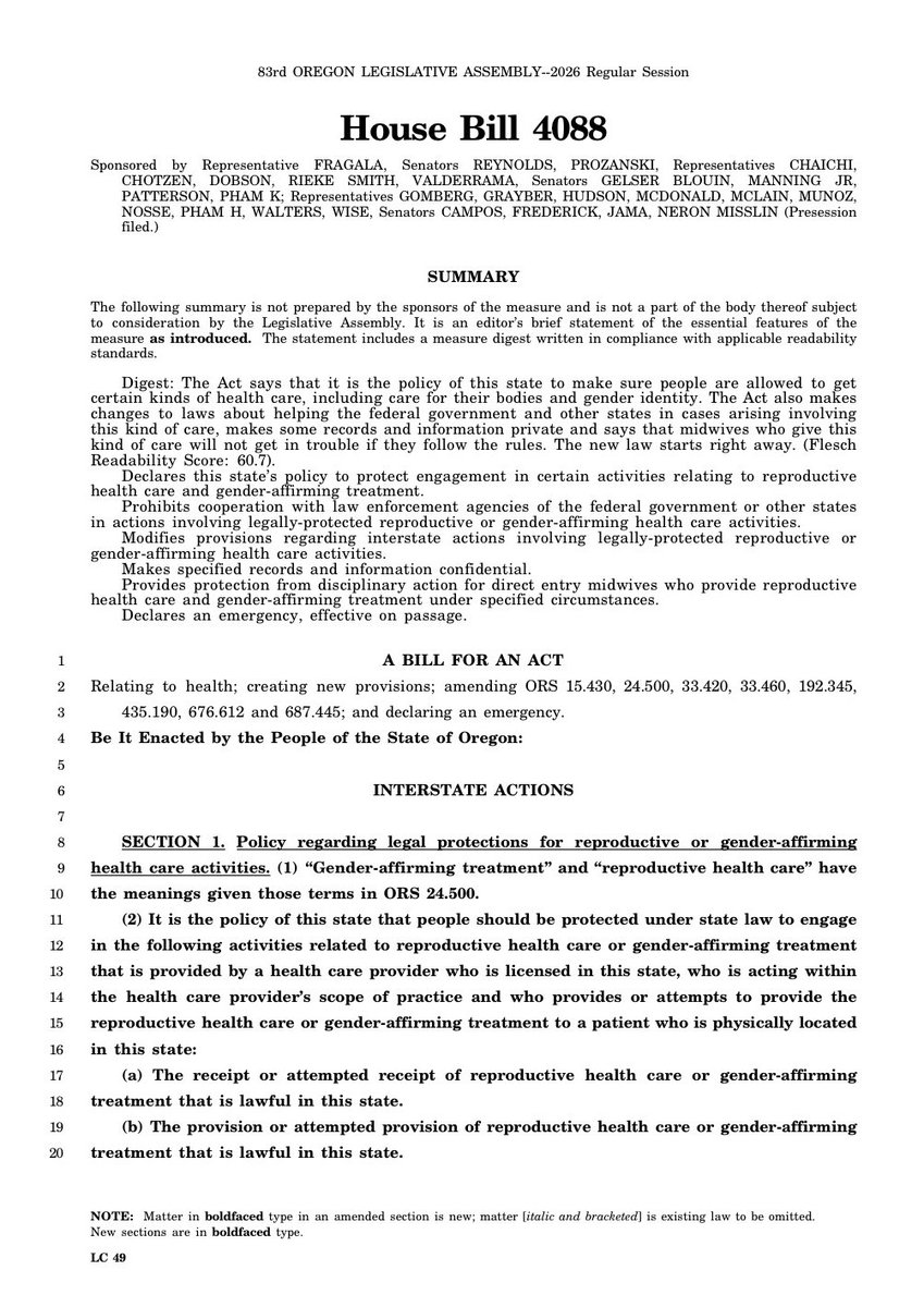 libsoftiktok's tweet image. BREAKING: Oregon House Democrats just passed HB4088 which protects genitaI mutiIation surgery and abortions:

- Prohibit local agencies from cooperating with federal investigations
- Limit extradition or cooperation in civil/criminal matters 
- Protects health care providers from