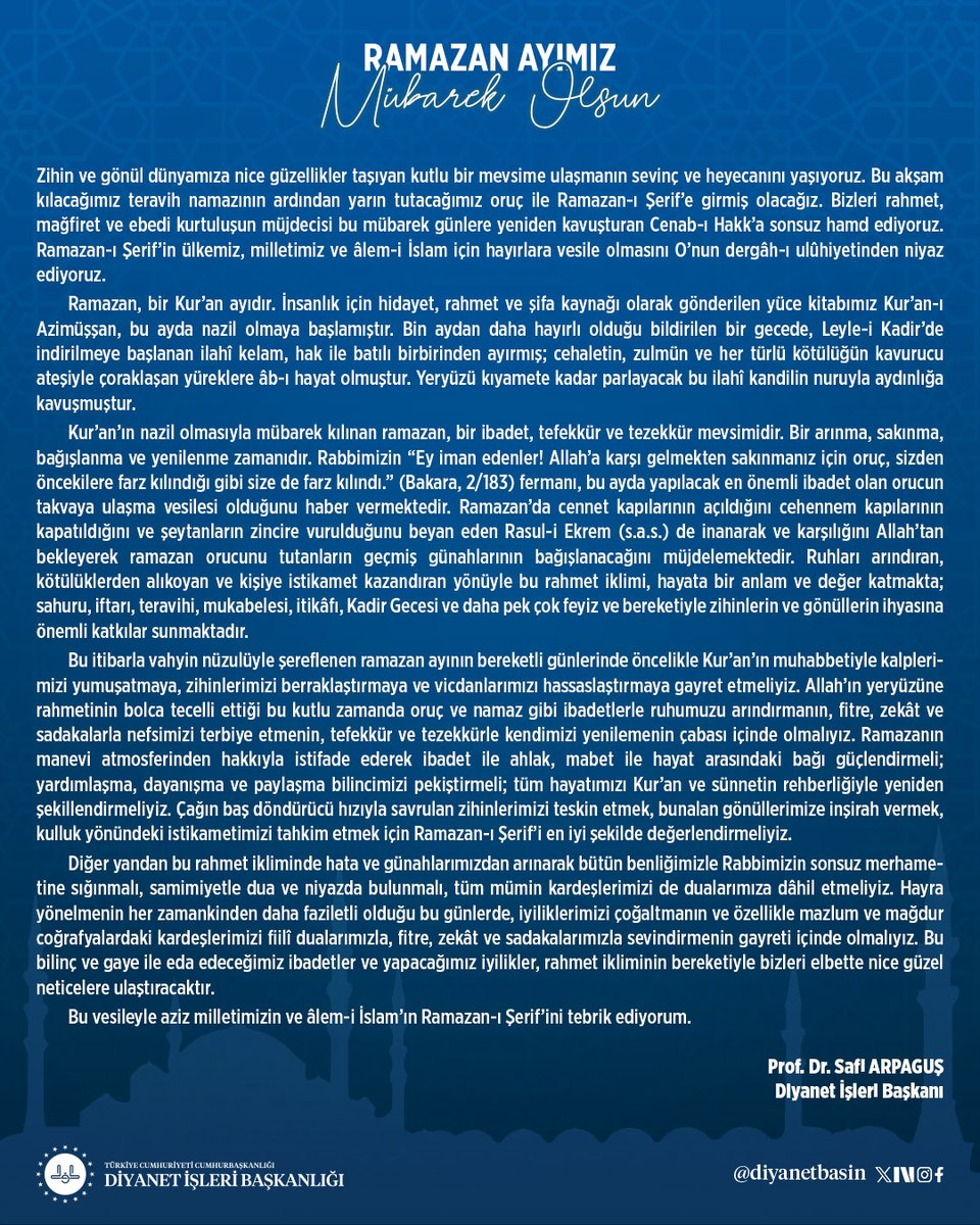 Diyanet İşleri Başkanı Prof. Dr. Safi Arpaguş’tan Ramazan ayı mesajı

diyanet.gov.tr/tr-TR/Kurumsal…