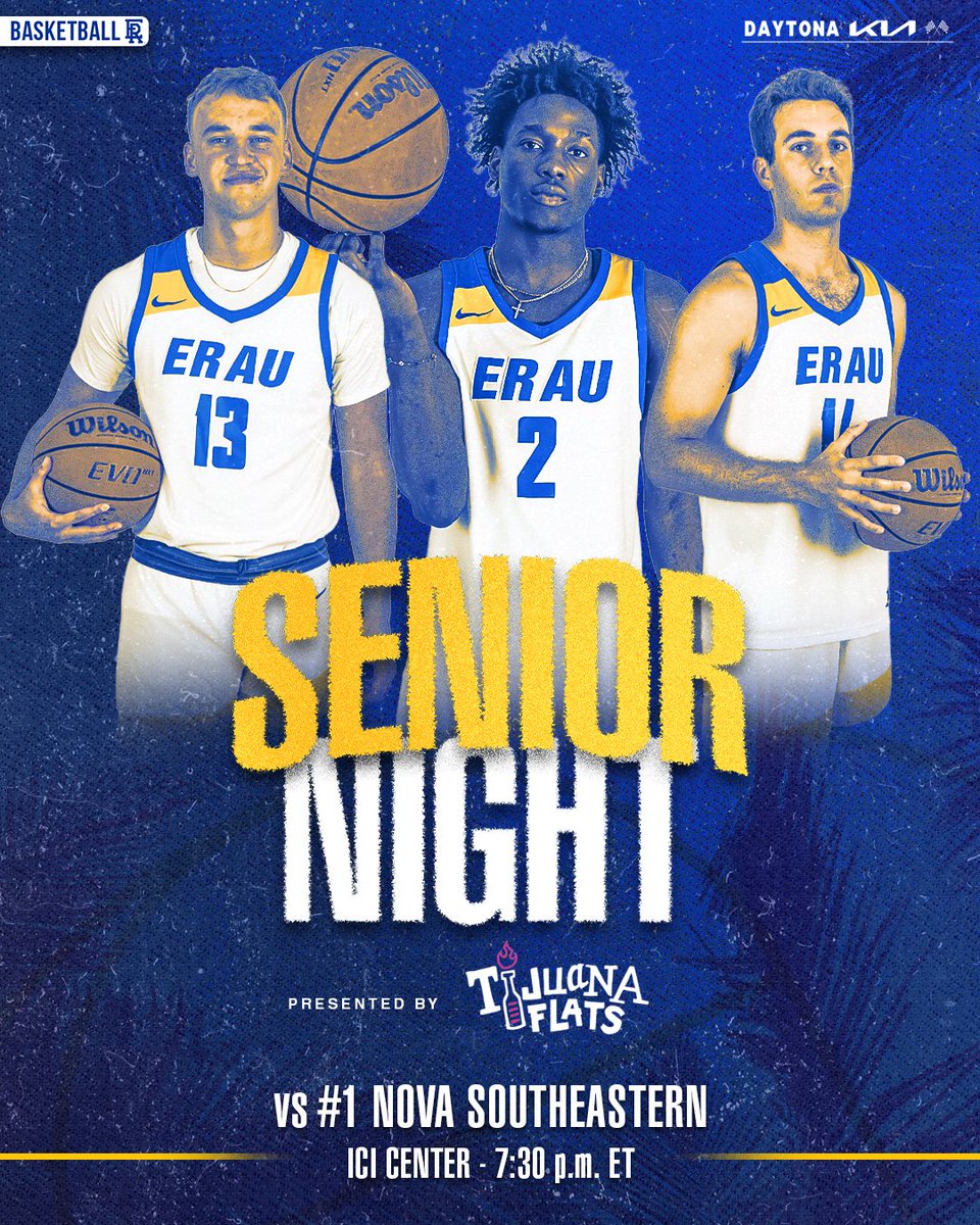 🏀Senior Night🏀

Tonight, we honor three special guys for their impacts on ERAU Men's Basketball!

🦅vs #1 Nova Southeastern
⏰ 7:30 p.m. ET
🏟️ ICI Center
📍Daytona Beach, Fla.

Follow Along:
📺: bit.ly/48hs6Px
📊: bit.ly/3LYInBi

#GoERAU #DaytonasHometownTeam