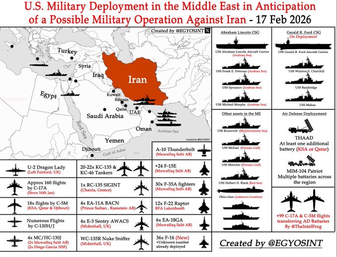 mgiulianico's tweet photo. 🇺🇸🇮🇷 Negotiations are now dead! War is about to break out across the Middle East. US and #Israel are fully prepared to strike all of Iran’s nuclear facilities and ballistic missile sites. Trump's imminent attack on #Iran will lead to the close of the Strait of #Hormuz and a global economic crisis. That could trigger WWIII. #Axios reports that if a U.S. operation against Iran begins, it would be massive and last weeks, resembling a full scale war. 🇨🇳China assisting Iran with Intel, surveillance and real time tracking through satellites to expose US Military builups and positions into open-source targets for Iran military.  #China is effectively serving as Iran's advanced surveillance and reconnaissance. A powerful explosion occurred at depots storing military ammunition and fuel in the city of #Shahriar, Tehran Province of Iran. It seems we are entering the final phase before the start of the war.  The US has begun, in the past hours, the massive redeployment of air #tankers and early warning and control reconnaissance aircraft accumulated in European bases towards American bases deployed in the Middle East. Finally seems that 🇷🇺Russian Warships arrive at #BandarAbbas – surprise exercises with Iran set to begin near Hormuz #Chokepoint amid U.S. warships presence  Russia, Iran, and China have deployed naval vessels for joint exercises in the Strait of Hormuz region under the "Maritime Security Belt 2026" framework.  
Thanks @RealAlexJones @War_Radar2 @visionergeo @defense_civil25 @Globalsurv