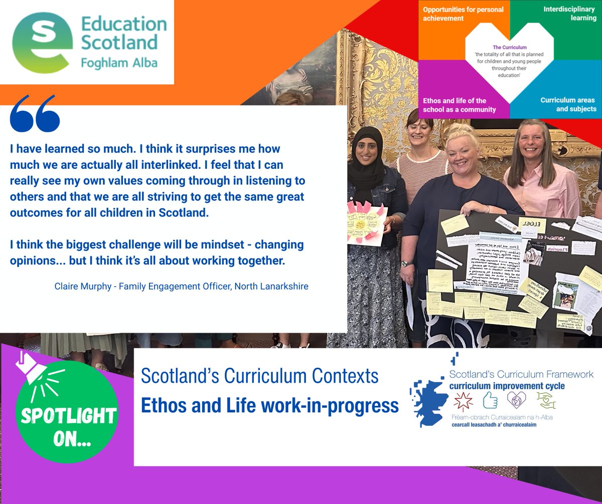 EducationScot's tweet image. This week we’re focusing on the context of Ethos and Life in Scotland’s #curriculum as part of the Curriculum Improvement Cycle.

Claire Murphy is a Family Engagement Officer with @nlcpeople Hear Claire’s views on Ethos and Life in Scotland’s curriculum in our reel!👇