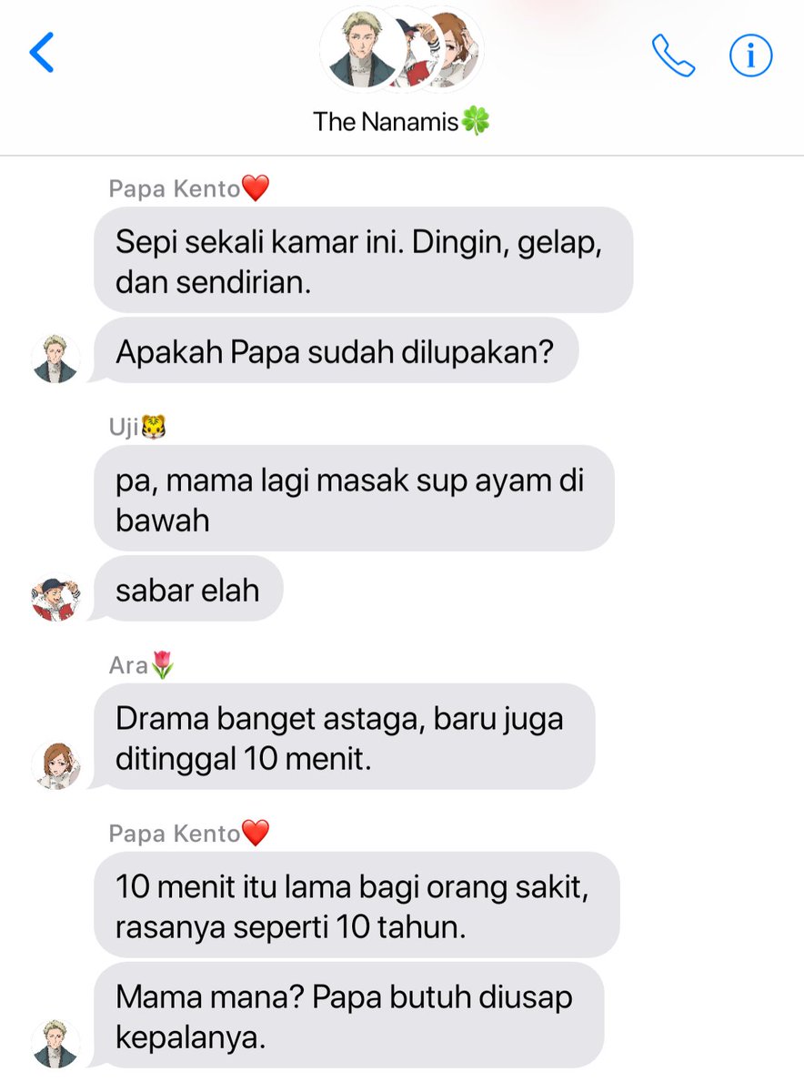 #JJK AU
— The Nanamis🍀

Kumpulan chat absurd Papamin, Mamamin, dan si kembar Uji-Ara👨‍👩‍👧‍👦