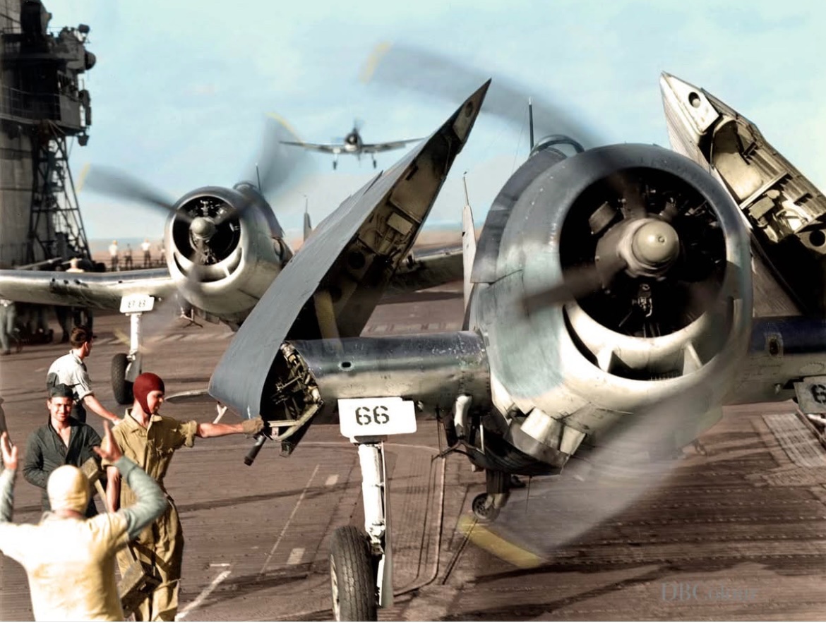 82 years ago today, Grumman F6F-3 "Hellcat" fighters land on the USS Enterprise after strikes on the Japanese base at Truk in the Caroline Islands. ✈️

<a href="/colour_history/">Doug</a> on the colorization 🎨