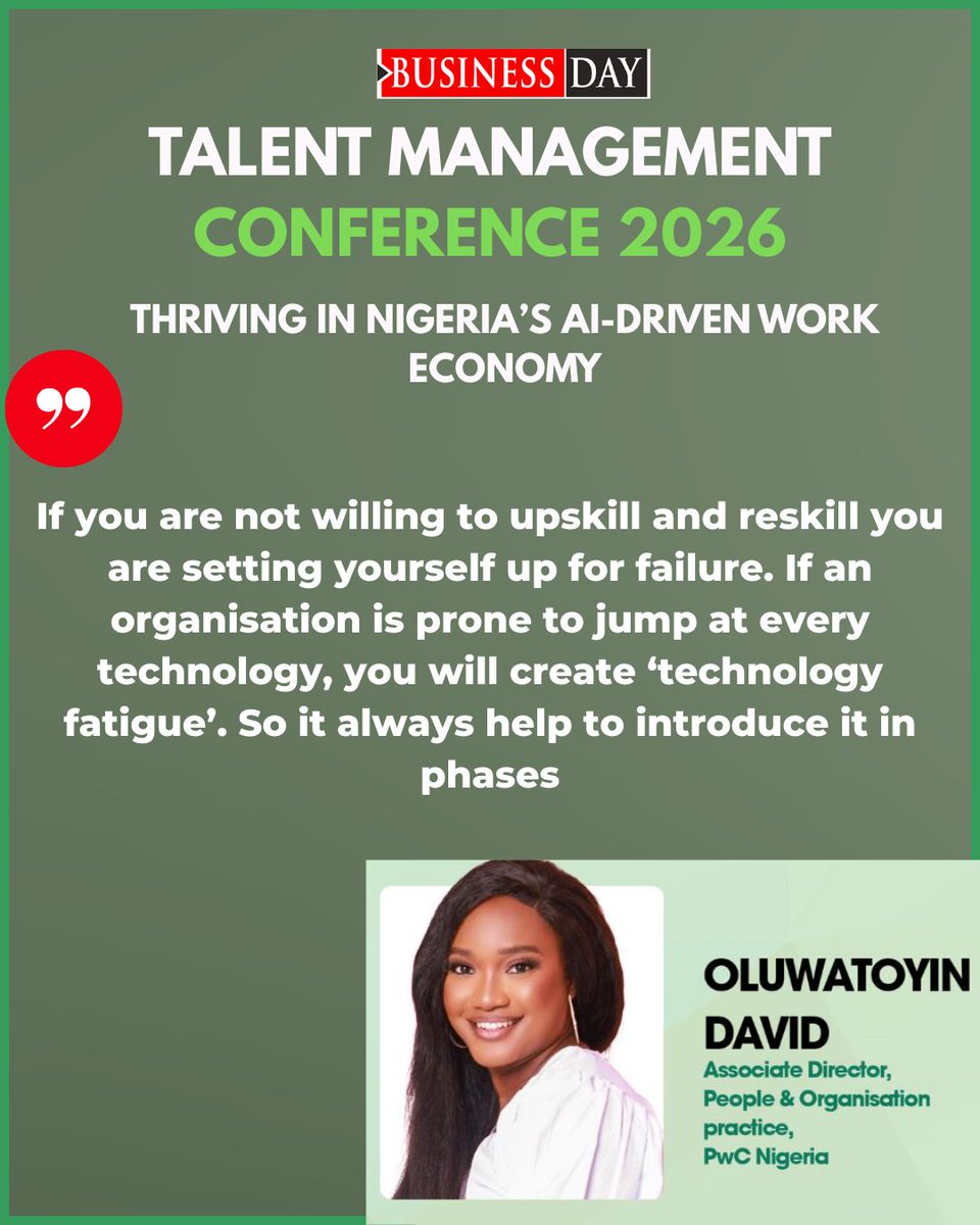 BusinessDayNg's tweet image. More quotes from the Talent Management Conference 2026 hosted by BusinessDay.

Theme: Thriving in Nigeria's AI-driven Work Economy

Click the link below to watch virtually.
youtube.com/live/Twg9G3bBC…

#artificialintelligence #humanresources #nigeriaeconomy #businessday