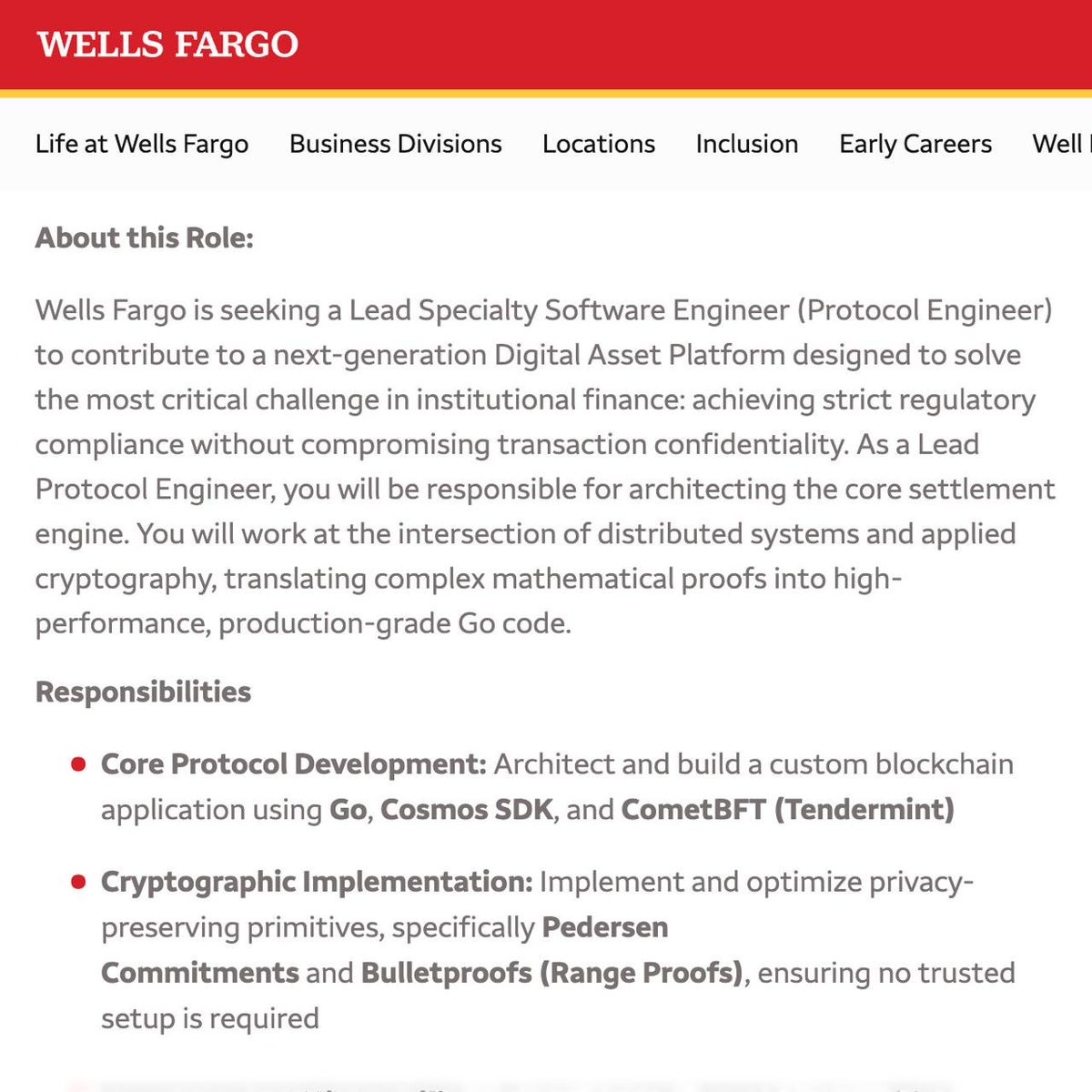 Wells Fargo appears to be building a digital asset platform, and is hiring for engineering talent with Cosmos SDK and CometBFT experience 👀

A strong signal of where institutional priorities are heading: confidentiality and regulatory-grade operating controls.