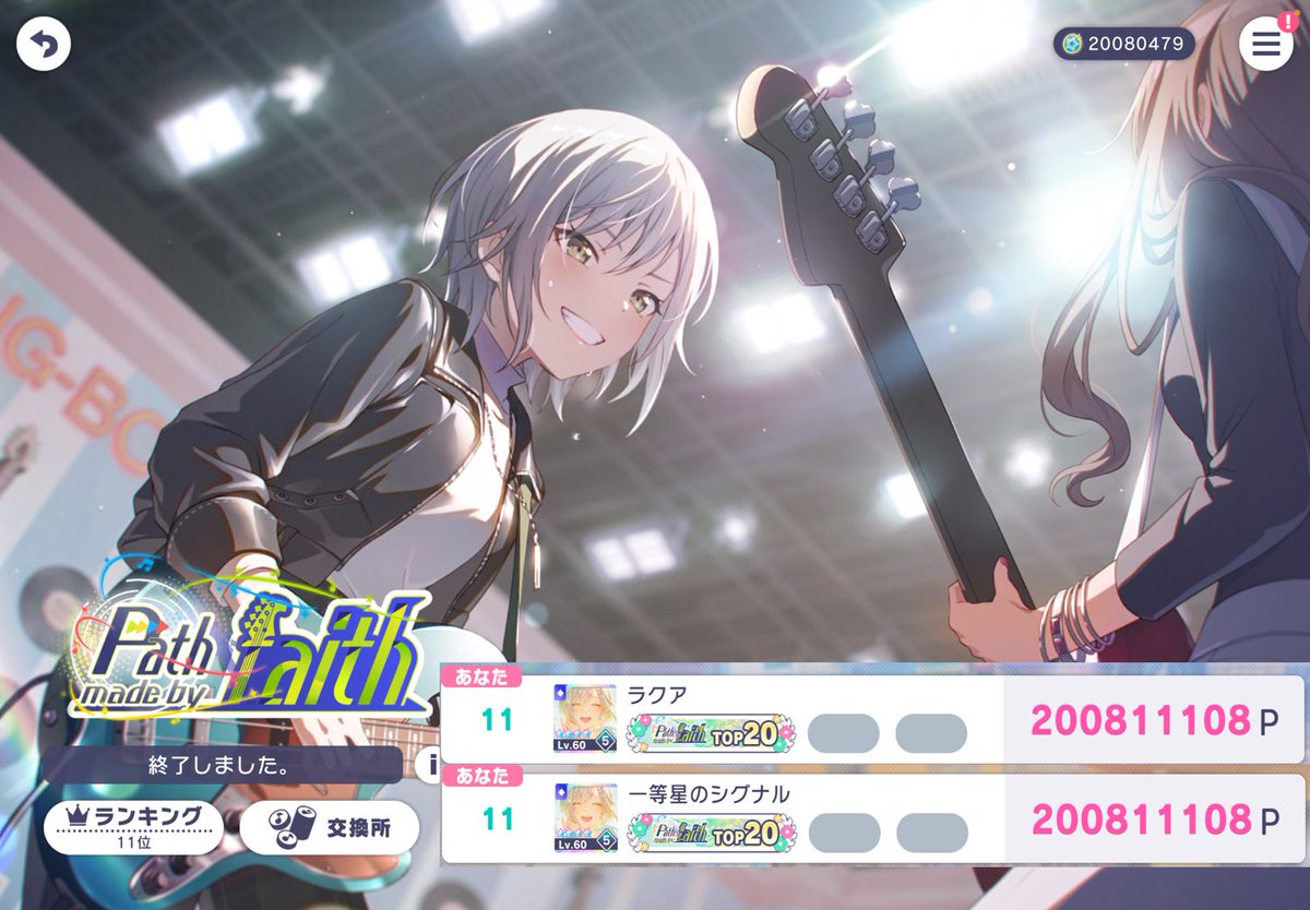 ☆彡.。☆彡.。☆彡.。☆彡.。☆彡.。☆彡.。

         Path made by faith

         11th 200,811,108

☆彡.。☆彡.。☆彡.。☆彡.。☆彡.。☆彡.。

惜しくもTOP10には届かなかったものの、限界まで稼働して最高の景色見させてもらうことができました！
本当にありがとうございました！！