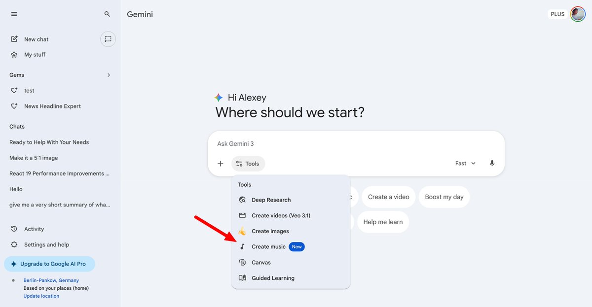 Gemini tools menu shows Create music
