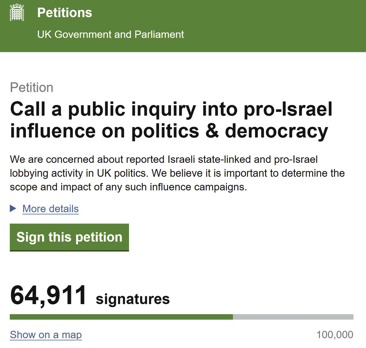 A petition calling for a public inquiry into Israel's influence in Britain has reached over 64,000 signatures.

At 100,000 signatures, it will be considered for a debate in parliament.
👉petition.parliament.uk/petitions/7526…