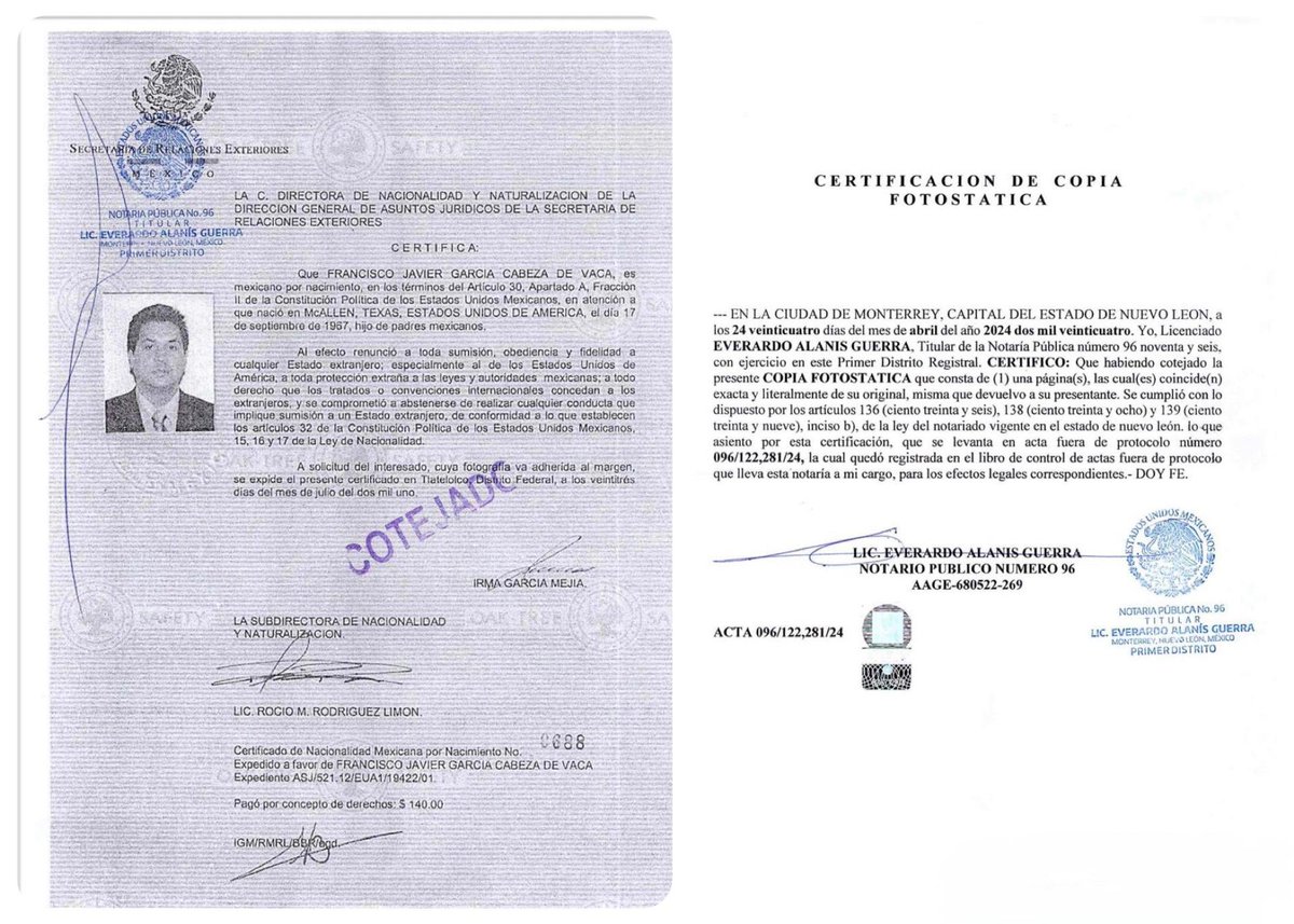 EXCLUSIVA: Aquí el documento en el que Cabeza de Vaca —espontáneamente— renunció a cualquier estado extranjero, particularmente al de los Estados Unidos de América; también renunció a cualquier protección de leyes o autoridades extrajeras y a la protección que tratados o