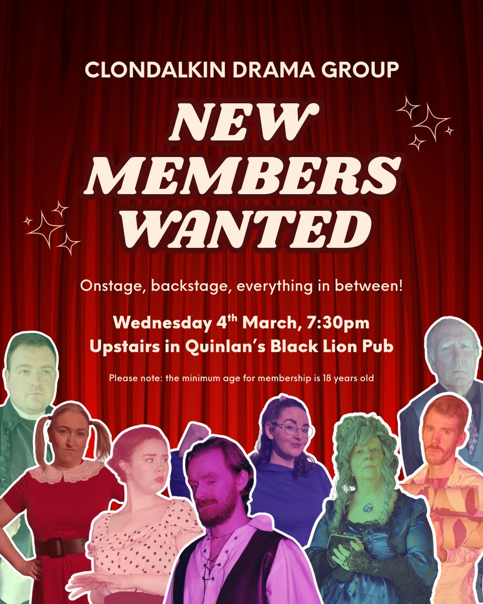 NEW MEMBERS WANTED! Clondalkin Drama Group is inviting you to join us in putting on great performances for the community. Whether you want to be onstage, or backstage work is more your thing, we've got something for everyone! No prior experience necessary 😁🎭