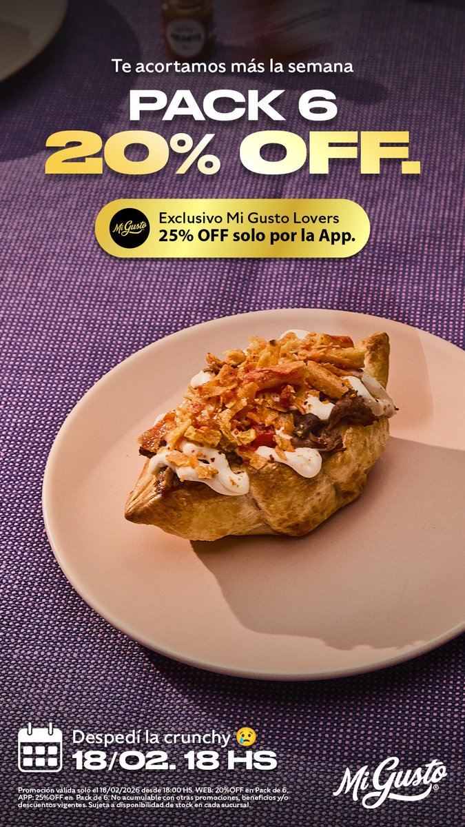 🔥 TE ESTIRAMOS EL FINDE LARGO 🔥

Nosotros no tenemos ganas de arrancar la semana así que te metemos esta promo para cortar aún más la semana😉

A partir de las 18hs.
Aplicable en Pack 6.
Desde la app tenes el descuento del descuento👇migusto.com.ar/app