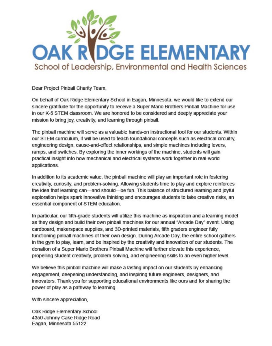 Thank you, Project Pinball Charity, for partnering with Oak Ridge Elementary School to provide this amazing opportunity for our students! 🥰

<a href="/ProjectPinball/">Project Pinball Charity</a> 
#Pinball #ThankYou #ForTheKids #Charity #STEM