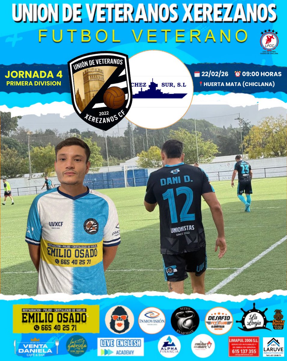 📅 Domingo 22 de febrero 
⏰ 9:00
⚽ Sánchez Sur  vs Unión de Veteranos Xerezanos
📍  Chiclana de la Frontera 
🏟 Partido de liga 
Cartel dedicado a nuestro patrocinador: @daniediazponce 

¡Seguimos sumando minutos y fútbol! 💥🔵

#UVXCF #Unionistas #UnionDeVeteranosXerezanosCF