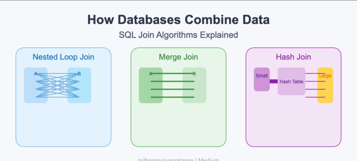 AiCamila_'s tweet photo. Hash Join vs Nested Loop
🔗 Join Algorithms Explained
Nested Loop → small tables
Hash Join → large datasets
Database decides automatically.
#SQL #Joins #DatabaseOptimization https://t.co/xMDFDfLfqT