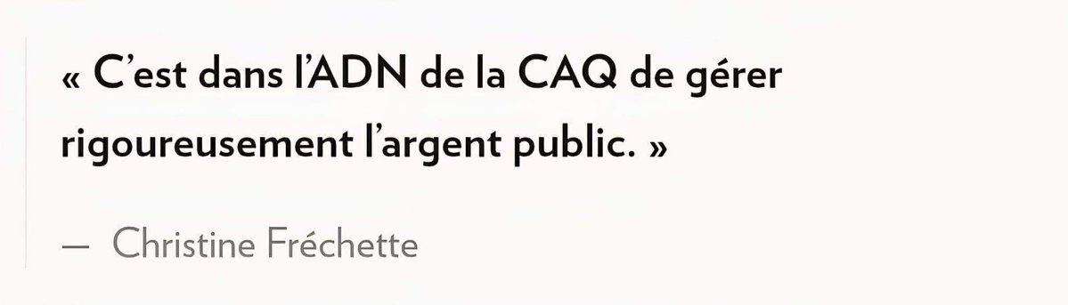 La CAQ, c’est:

-Le pire déficit de l’histoire du Québec

-Le fiasco de la filière batteries qui a coûté des milliards $ aux contribuables (Northvolt, Lion électrique, Taïga, etc).

-1,100,000,000.00$ pour le site web de SAAQclic.

-Une subvention aux Kings de Los Angeles.

-Des