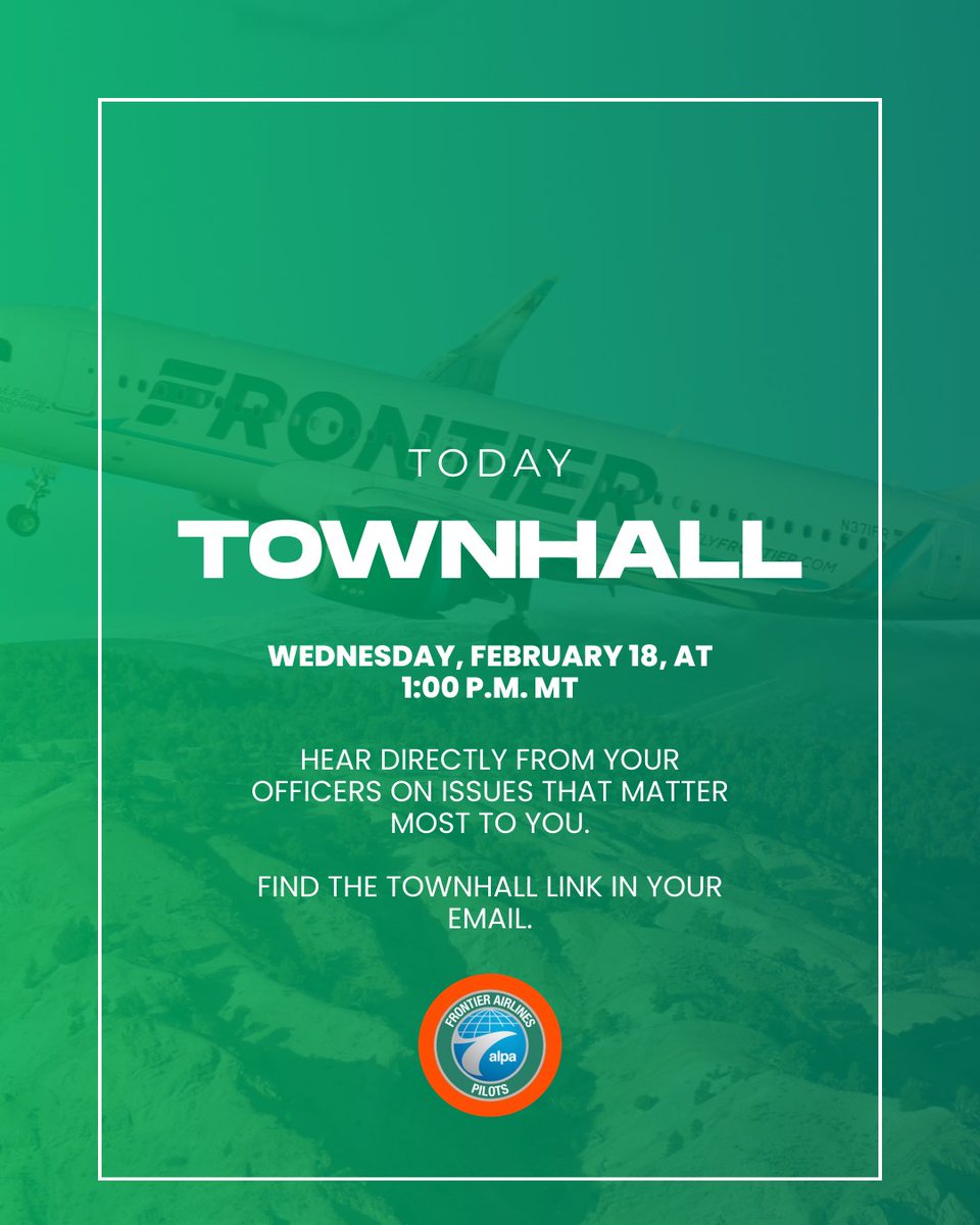 F9ALPA's tweet photo. Don’t miss today’s Town Hall.
Join your MEC Officers at 1:00 p.m. MT for important updates on key issues impacting our pilot group and an opportunity to have your questions answered directly. Your engagement matters, check your email for the Town Hall link. https://t.co/S4in3zMZ7i