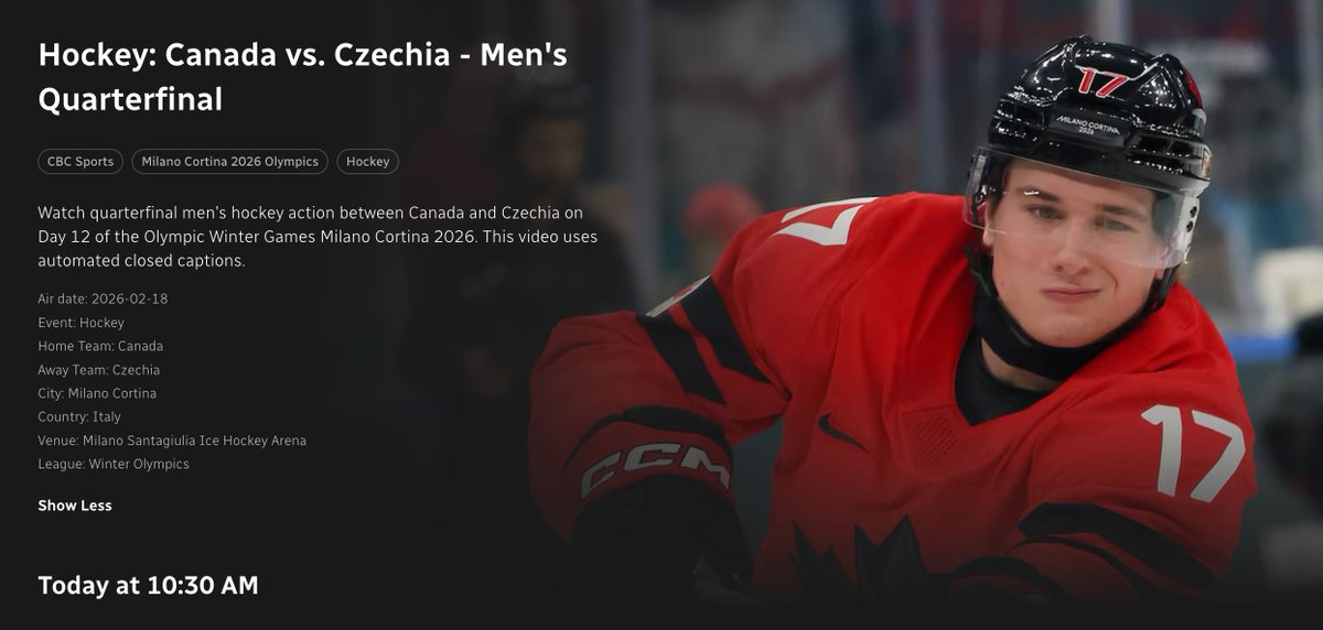 🥅 This is the moment we've all been waiting for — a time when Canadians come together. Let's go Canada! 🇨🇦 Puck drops @ 10:40am ET watch on CBC Gem 📺 

Watch Live: gem.cbc.ca/hockey-canada-…