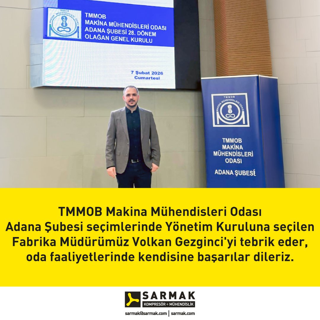 TMMOB Makina Mühendisleri Odası Adana Şubesi seçimlerinde Yönetim Kuruluna seçilen Fabrika Müdürümüz Volkan Gezginci'yi tebrik eder, oda faaliyetlerinde kendisine başarılar dileriz.

#Sarmak #SarmakKompresor #TMMOB #MakinaMühendisleriOdası #Adana #YönetimKurulu #Tebrikler