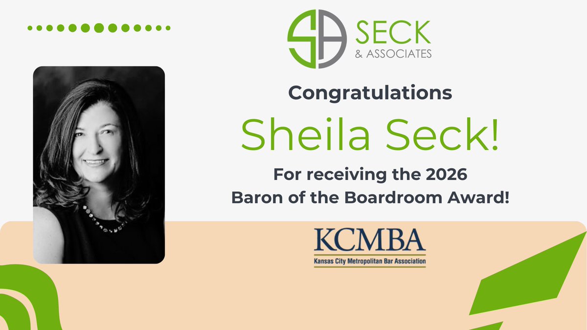 We would like to congratulate our founder Sheila Seck on receiving the KCMBA 2025 Baron of the Boardroom award. This award is given to KCMBA attorneys with distinguished careers in assisting clients with their corporate business needs. Congratulations, Sheila!