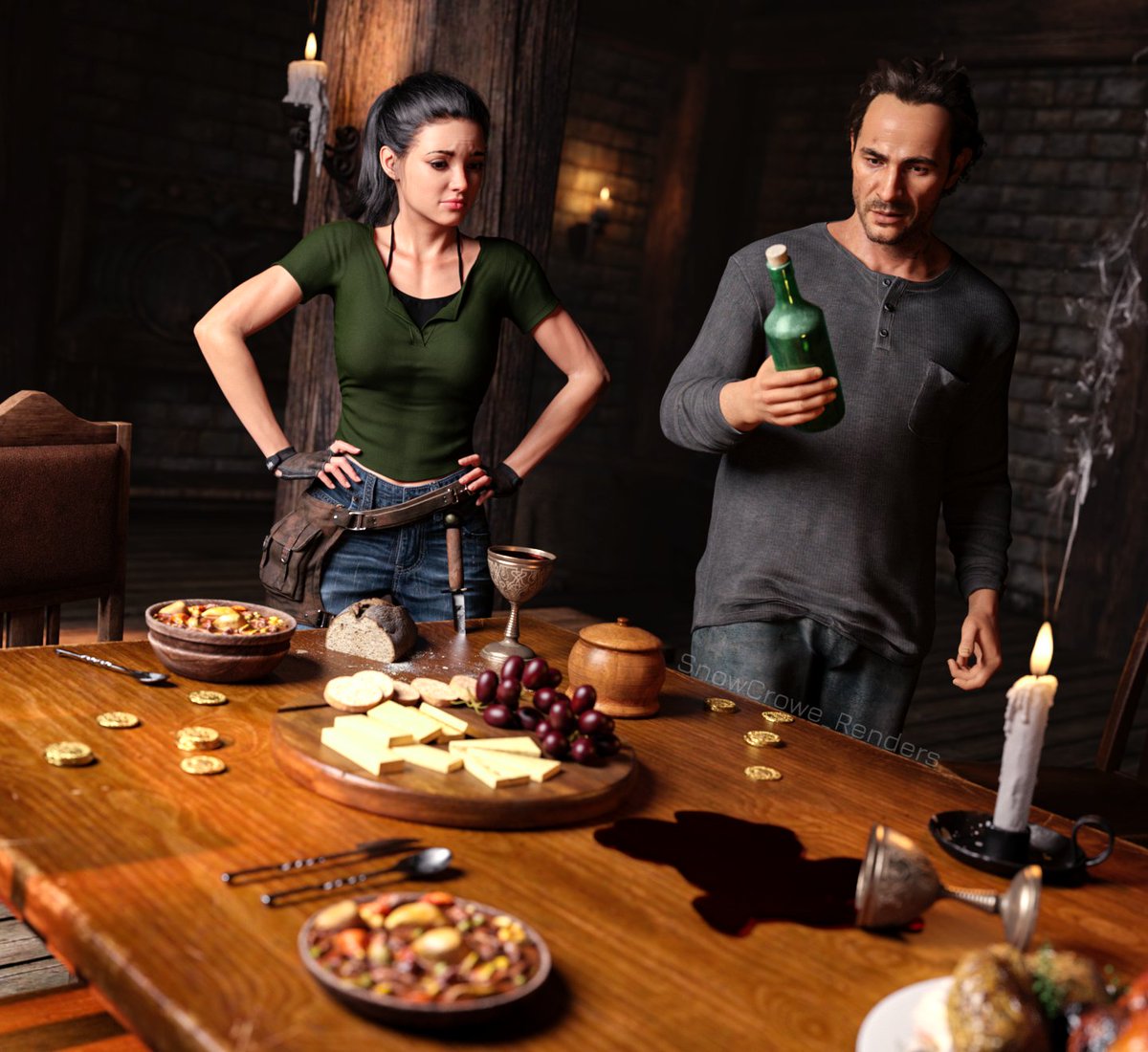 SnowCrowe's tweet photo. Finding a freshly prepared feast in pirate ruins? A little sus right? Don't eat the food.

Sam model by Blopblopfish
Sam Re-texture @ZetaSaintArt
---
*Please do not use my art without credit. NO EDITS! My art is NOT ai  #DazStudio #Uncharted #SamuelDrake #SamDrake #UnchartedOC https://t.co/mTR1o4ihIS