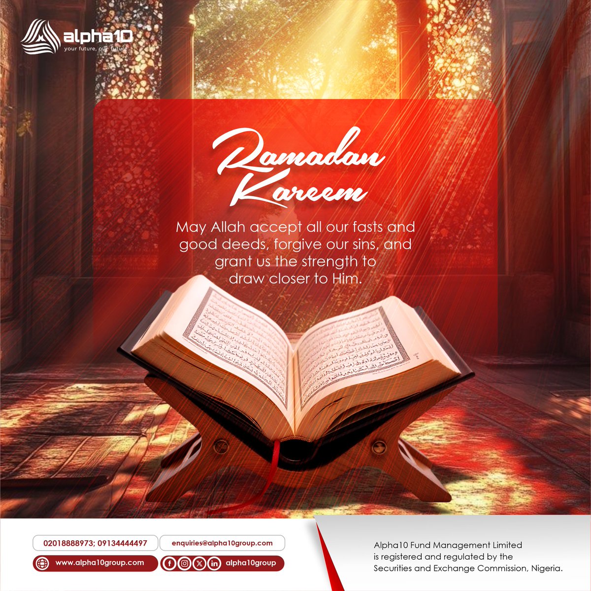 alpha10group's tweet photo. As you fast, pray, and reflect this Ramadan, may Allah accept your good deeds, forgive your shortcomings, and surround your home with peace and blessings.

Wishing you and your family a blessed Ramadan.

Ramadan Kareem from Alpha10.

#Alpha10 #Ramadan #RamadanKareem #Halal https://t.co/sD5tp74iUS