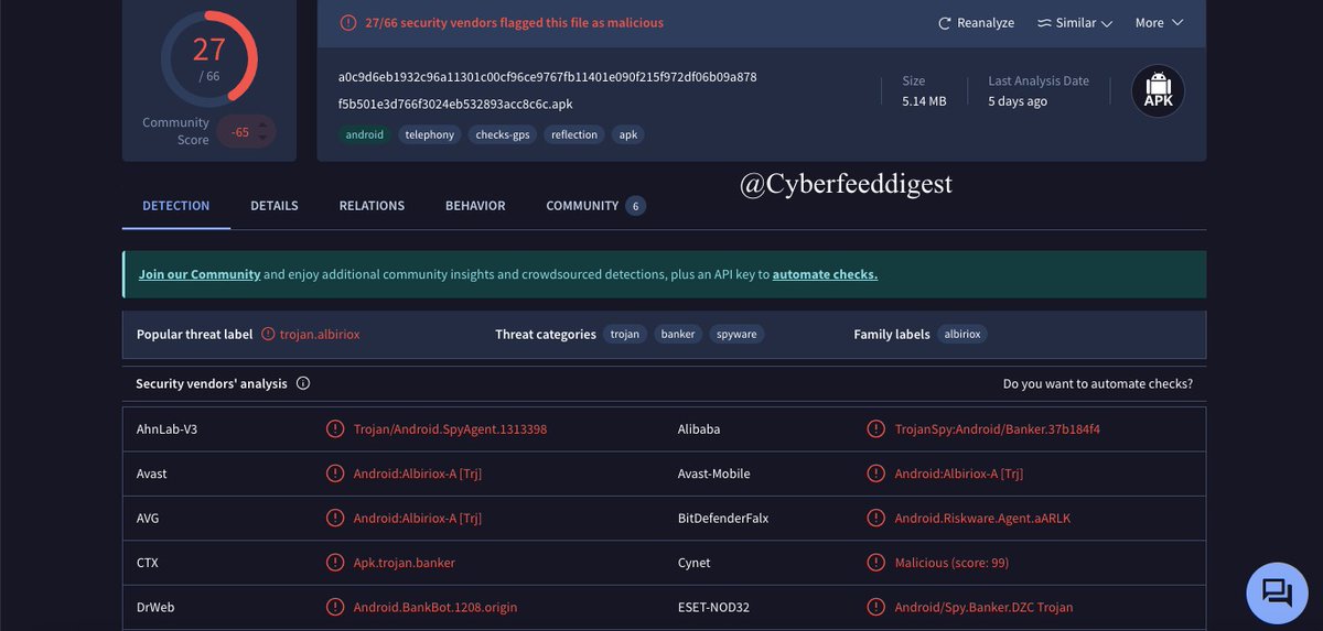 cyberfeeddigest's tweet image. A #Malicious .APK file detected as Popular threat labeltrojan.albiriox

File Names:
f5b501e3d766f3024eb532893acc8c6c.apk
base.apk
com.nmz.nmz.apk

MD5:f5b501e3d766f3024eb532893acc8c6c

27/66 security vendors flagged this file as malicious
#Trojan #Malware