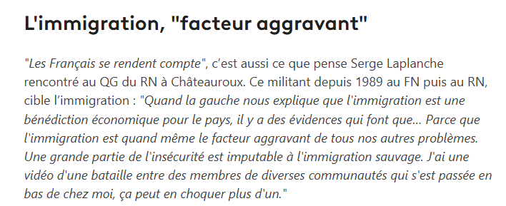 Le terroriste Serge Laplanche, cadre du Rassemblement National qui a ouvert le feu et lancé des grenades sur la police et le RAID hier à Châteauroux, exprimait encore tout son racisme face aux médias depuis le QG du RN en juillet 2024. 🤫

franceinfo.fr/elections/repo…