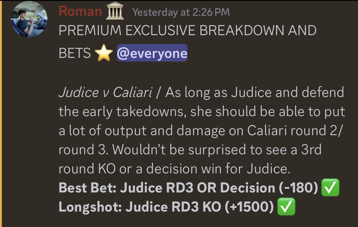 Interested to see what a Carli Judice decision pays out… (+ money) 

Had her exactly by 3rd round KO last time out. Miller is a step up and can grapple.

Could see a grimey decision here.