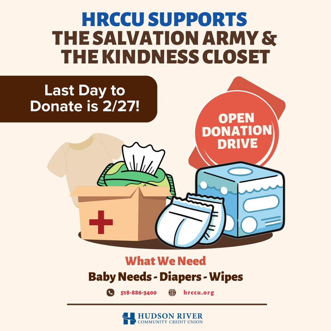 ONE WEEK LEFT! We are running a donation drive to support The Salvation Army and The Kindness Closet this month. Last day to donate is 2/27. Stop into the branches to donate!