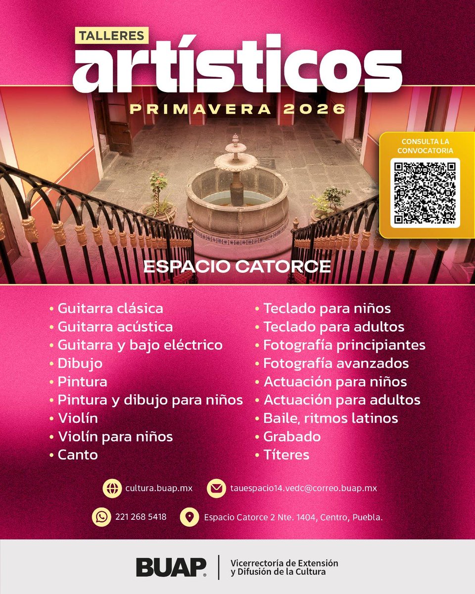 📢¡Que no se te pase! 
Últimos días para inscribirte a los Talleres Artísticos Primavera 2026. 🎨🎭🎶
Para Comunidad BUAP y público en general. 
🗓️Inscríbete antes del 27 de febrero de 2026.

🔗Más información cultura.buap.mx 
📧tau.vedc@correo.buap.mx