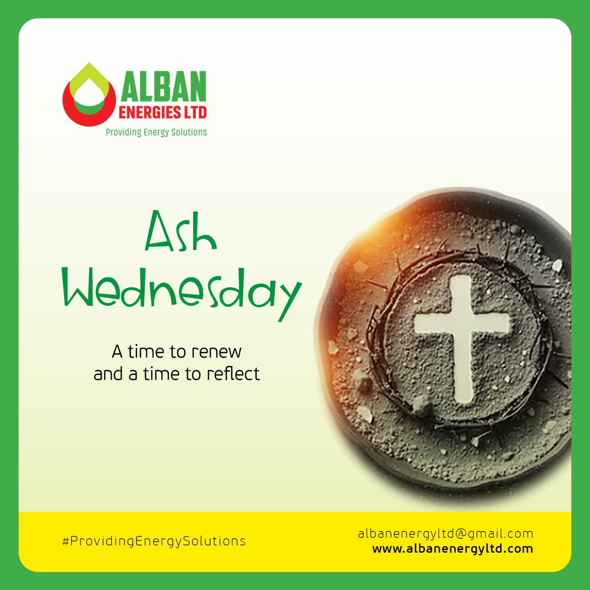 From ashes to hope ,Lent begins on this Ash Wednesday . 

May these forty days draw you closer to God , renew your spirit and fill your home with peace,grace and deeper faith .

#Alban 
#providingenergysolution