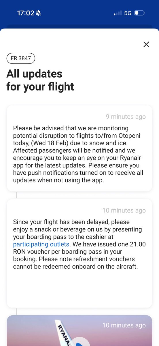 Flight delayed until tomorrow morning but at least <a href="/Ryanair/">Ryanair</a> have taken care of us with a £3.60 voucher to spend at the airport.