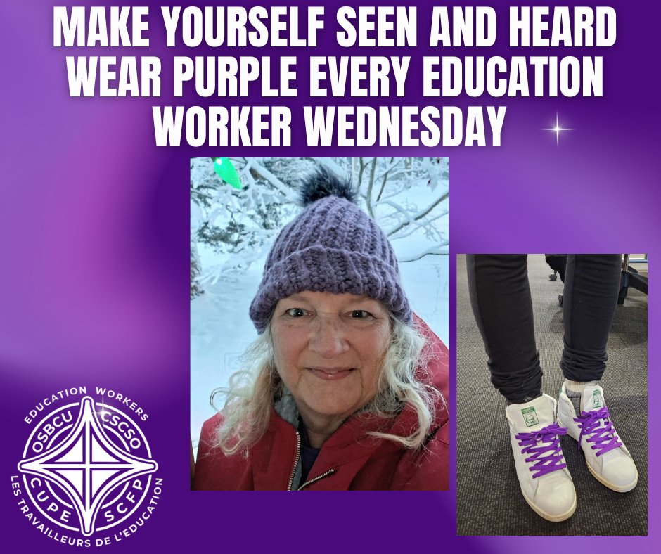 osbcucscso's tweet image. Every Wednesday, show your purple pride—shoelaces, toque, or lanyard—to unite education workers loud and clear. 💜✊ #OSBCU #BetterSchoolsBetterTomorrow