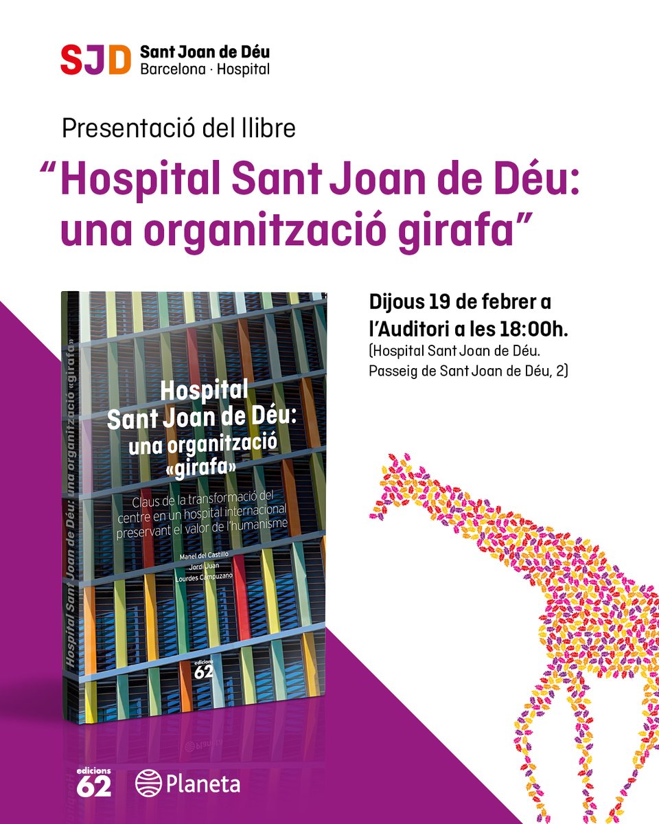 📘 Demà, 19 de febrer, presentem “Hospital Sant Joan de Déu: una organització girafa”.

Una oportunitat per descobrir les claus d’una transformació de 20 anys.

📍 Auditori de l’Hospital
Inscriu-t’hi 👇
forms.office.com/pages/response…