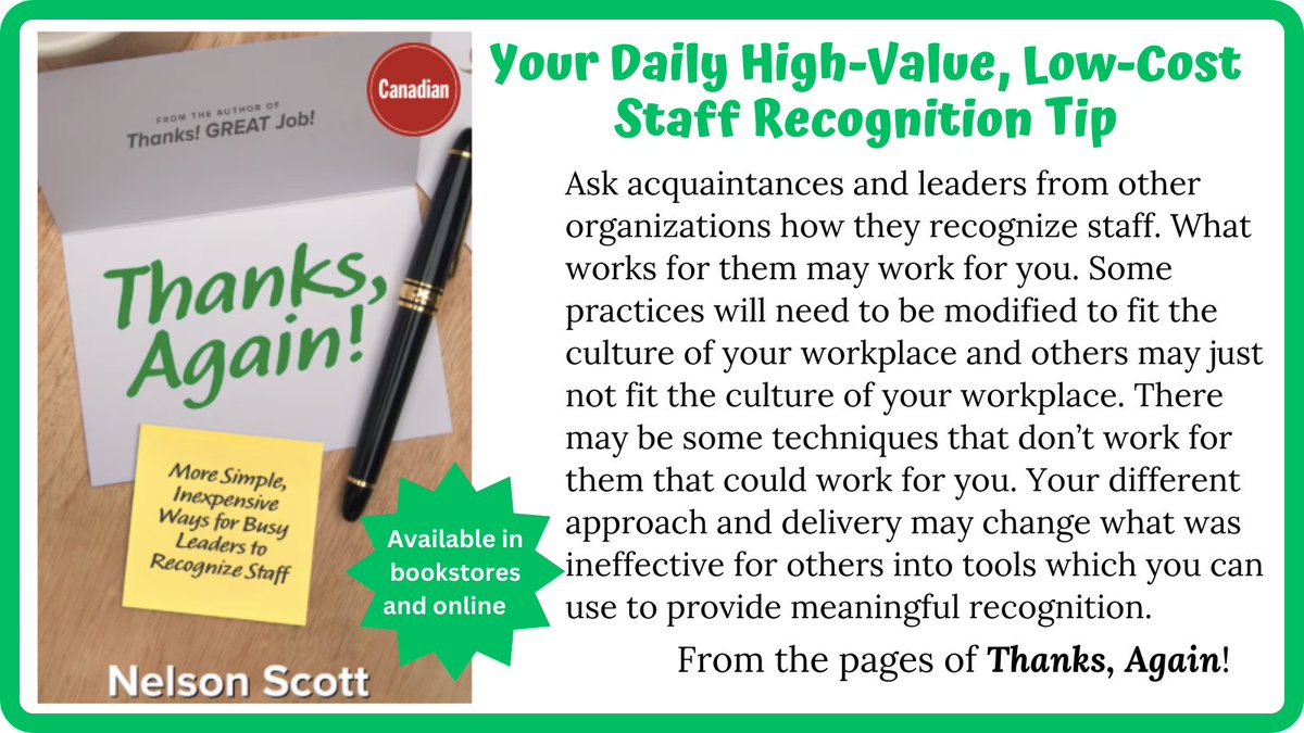 Staff Recognition Tip #207: Looking for new ways to recognize staff? Ask others what they do (from Theme #2: Filling Your #StaffRecognition Tool Kit). #Leadership #EmployeeRecognition #Appreciation

amazon.ca/Thanks-Again-I…