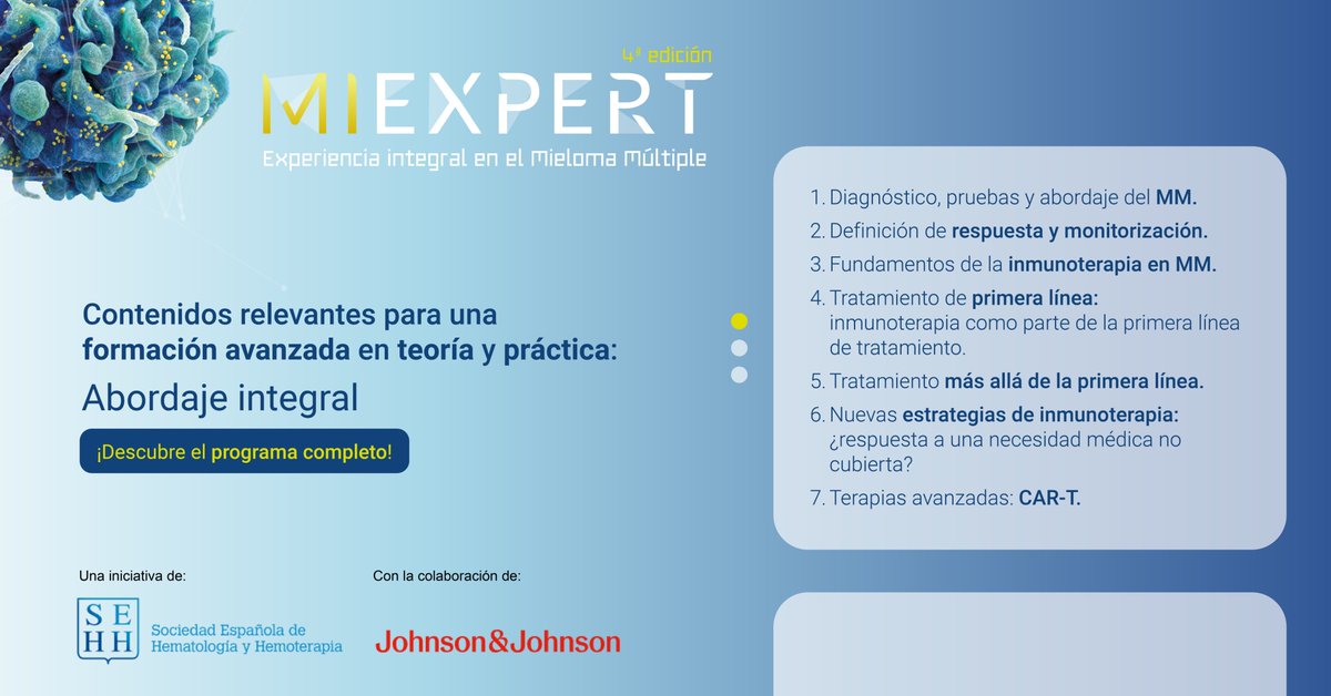 sehh_es's tweet photo. La 4ª edición de #MiExpert transforma la evidencia en práctica clínica.
👉Casos reales, rotaciones presenciales con tutores en centros de referencia y un formato semipresencial centrado en el abordaje integral del #MielomaMúltiple.
➕ Conoce el programa: https://t.co/DH03ZRNSdB
#4EdMiExpert #FormaciónMédica #MielomaMúltiple #ActualizaciónCientífica