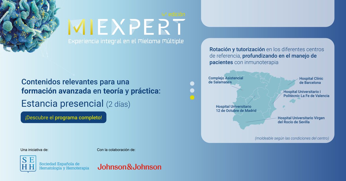 sehh_es's tweet photo. La 4ª edición de #MiExpert transforma la evidencia en práctica clínica.
👉Casos reales, rotaciones presenciales con tutores en centros de referencia y un formato semipresencial centrado en el abordaje integral del #MielomaMúltiple.
➕ Conoce el programa: https://t.co/DH03ZRNSdB
#4EdMiExpert #FormaciónMédica #MielomaMúltiple #ActualizaciónCientífica