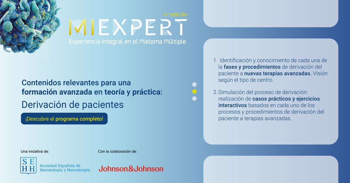 sehh_es's tweet photo. La 4ª edición de #MiExpert transforma la evidencia en práctica clínica.
👉Casos reales, rotaciones presenciales con tutores en centros de referencia y un formato semipresencial centrado en el abordaje integral del #MielomaMúltiple.
➕ Conoce el programa: https://t.co/DH03ZRNSdB
#4EdMiExpert #FormaciónMédica #MielomaMúltiple #ActualizaciónCientífica