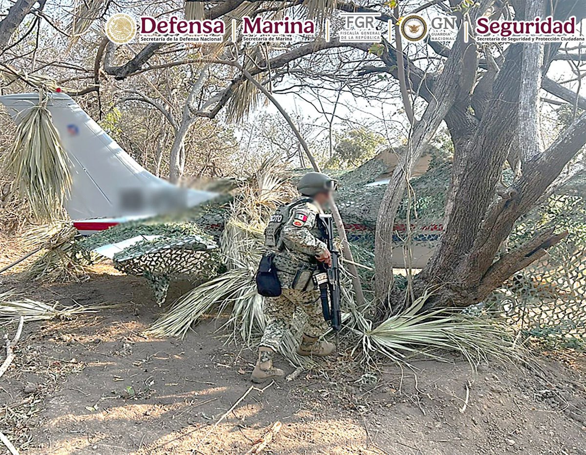 Resultado de la vigilancia permanente del espacio aéreo nacional que mantiene la Secretaría de la Defensa Nacional, <a href="/Defensamx1/">@Defensamx</a>  a través de la Fuerza Aérea y <a href="/GN_MEXICO_/">Guardia Nacional</a> detectaron una aeronave clandestina en Oaxaca que transportaba droga. 
En el lugar se aseguraron 534 paquetes