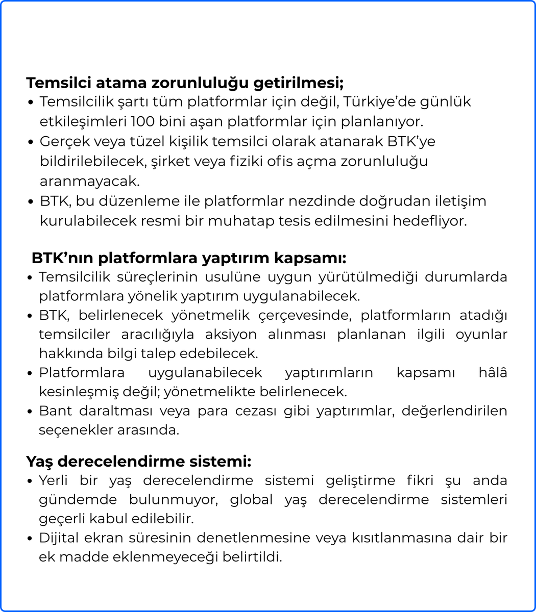 turkoyuncuplat's tweet image. Genç Girişimciler ve Oyun Geliştiricileri Derneği, BTK ile yaptığı görüşmenin ardından yasa tasarısının detaylarını paylaştı;

-Temsilcilik şartı tüm platformlar için değil, Türkiye’de günlük etkileşimleri 100 bini aşan platformlar için planlanıyor.