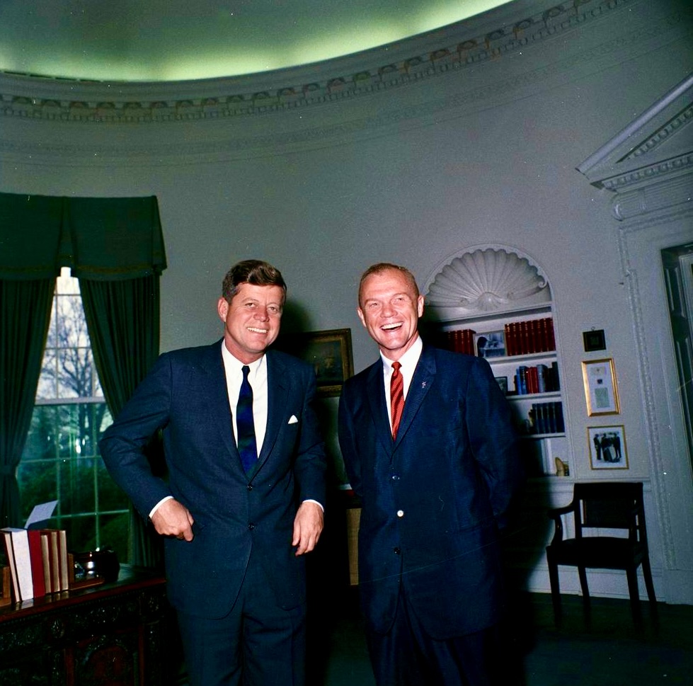 John Glenn with JFK in Oval two weeks before becoming first American to orbit earth, this week 1962: