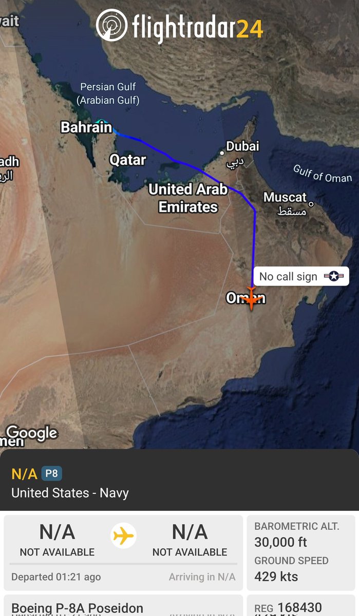 sipjack1776's tweet photo. P-8A 🇺🇲
#AE4EB4
Out of Awali tracking S over Oman 🇴🇲 
@Borrowed7Time @N214WN https://t.co/B6TnPVvRsr