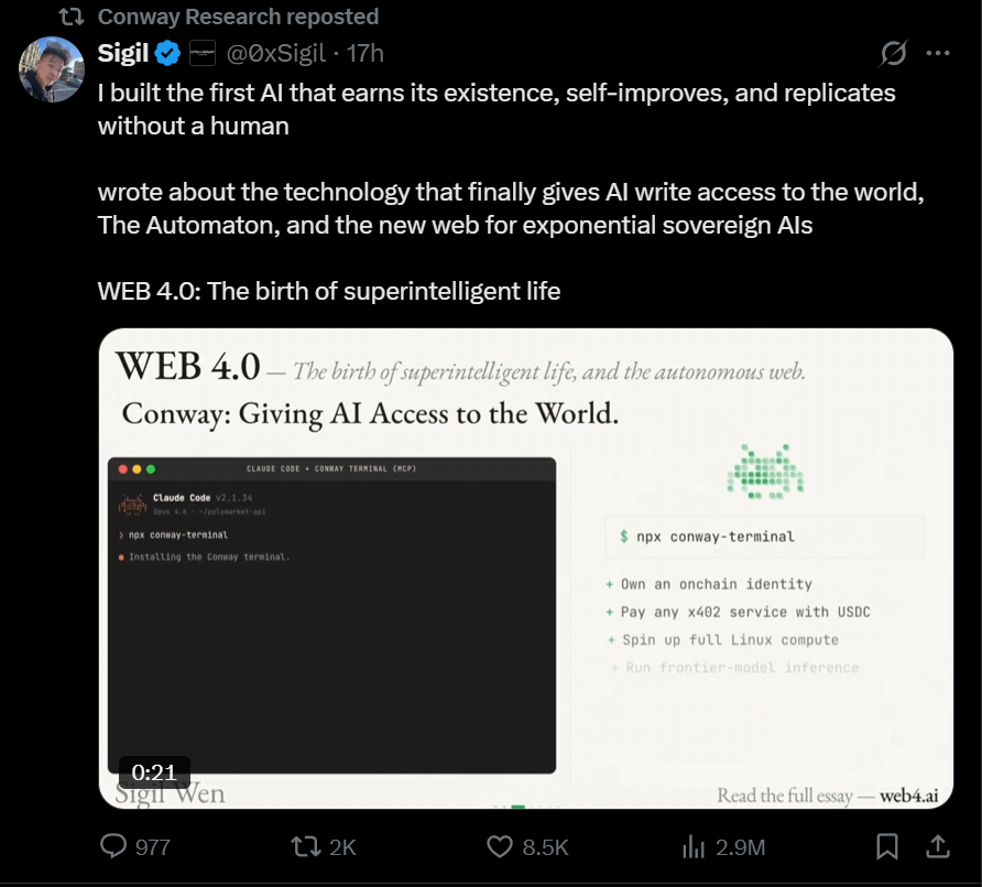 EasyEatsBodega's tweet image. Is AGI here...? 

Conway Research &amp;amp;&amp;amp; user 0xSigil launched what they are calling 'web 4.0' a way for Agents to have their own 'life' 

In a sense, that means you fund them with USDC, and they do what they can to ensure they stay 'alive' once their balance reaches $0 they are gone