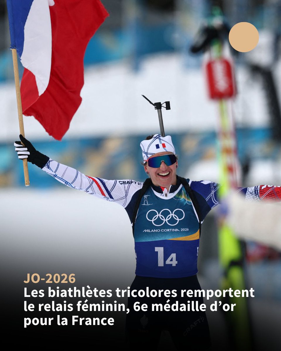 afpfr's tweet photo. 🥇 JO-2026: Camille Bened, Lou Jeanmonnot, Océane Michelon et Julia Simon sont devenues mercredi championnes olympiques du relais féminin en écrasant la concurrence, apportant au biathlon français un 5e titre aux JO-2026 de Milan Cortina, pour un total de dix médailles. https://t.co/lV2o0sAxYN