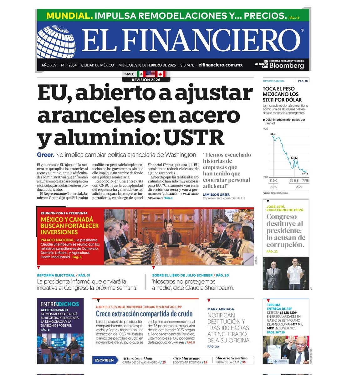 Hoy en #LaPortada de <a href="/ElFinanciero_Mx/">El Financiero</a> 🗞️

🔹 México y Canadá buscan fortalecer inversiones 

🔹 Crece extracción compartida de crudo 

🔹 Toca el peso mexicano los $17.11 por dólar