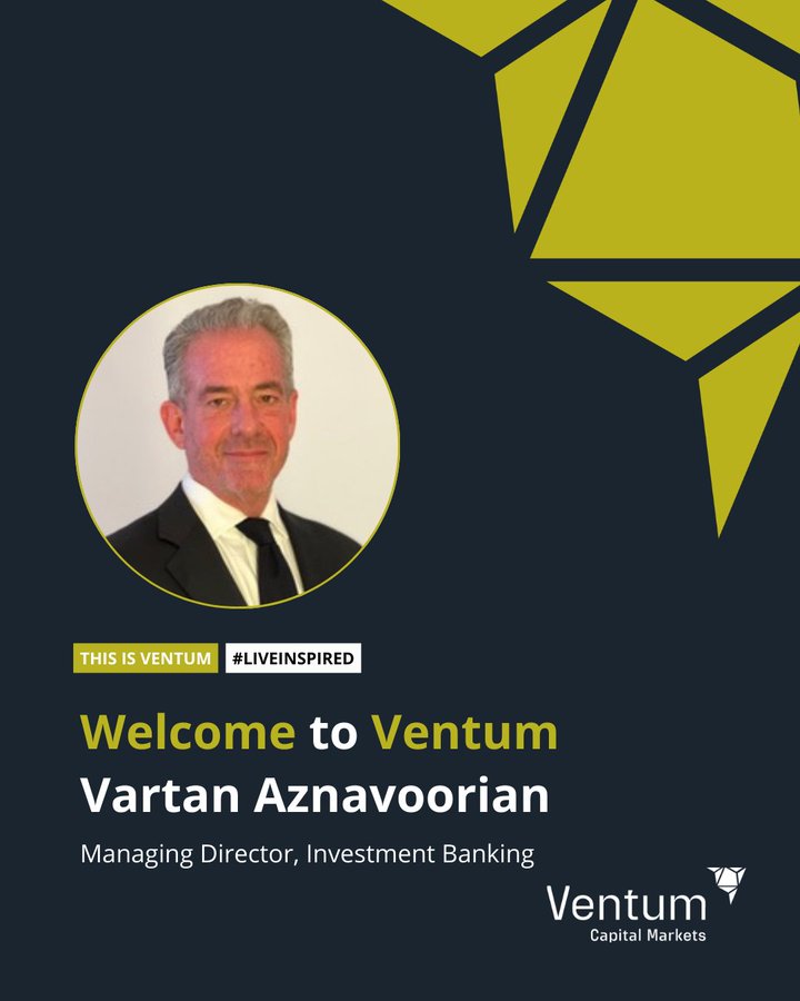 VentumFinancial's tweet photo. Ventum Capital Markets (U.S) is pleased to announce that Vartan Aznavoorian has joined the firm’s Investment Banking division as Managing Director, Technology & Digital Infrastructure, effective immediately. Based in New York City, Vartan brings more than 20 years of investment banking experience and deep domain expertise in the semiconductor and digital infrastructure sectors.

Having advised on over $100 billion in transactions — ranging from public and private M&A to complex sponsor-backed deals — he has a proven track record of delivering value to management teams, boards, and the private equity community.

Prior to joining Ventum Vartan served as Head of Telecom and Digital Infrastructure and Head of Technology M&A at Wells Fargo Securities. Earlier in his investment banking career, he held roles at Credit Suisse First Boston and Banc of America Securities. Before transitioning to investment banking, Vartan began his career as an M&A attorney at Simpson Thacher, bringing a rigorous legal and structural perspective to his advisory work.

He holds a Bachelor of Science in Economics from The Wharton School at University of Pennsylvania, and a graduate law degree from Boston College Law School.

Please join us in welcoming Vartan to the team.

#VentumCapitalMarkets #InvestmentBanking #Technology #DigitalInfrastructure